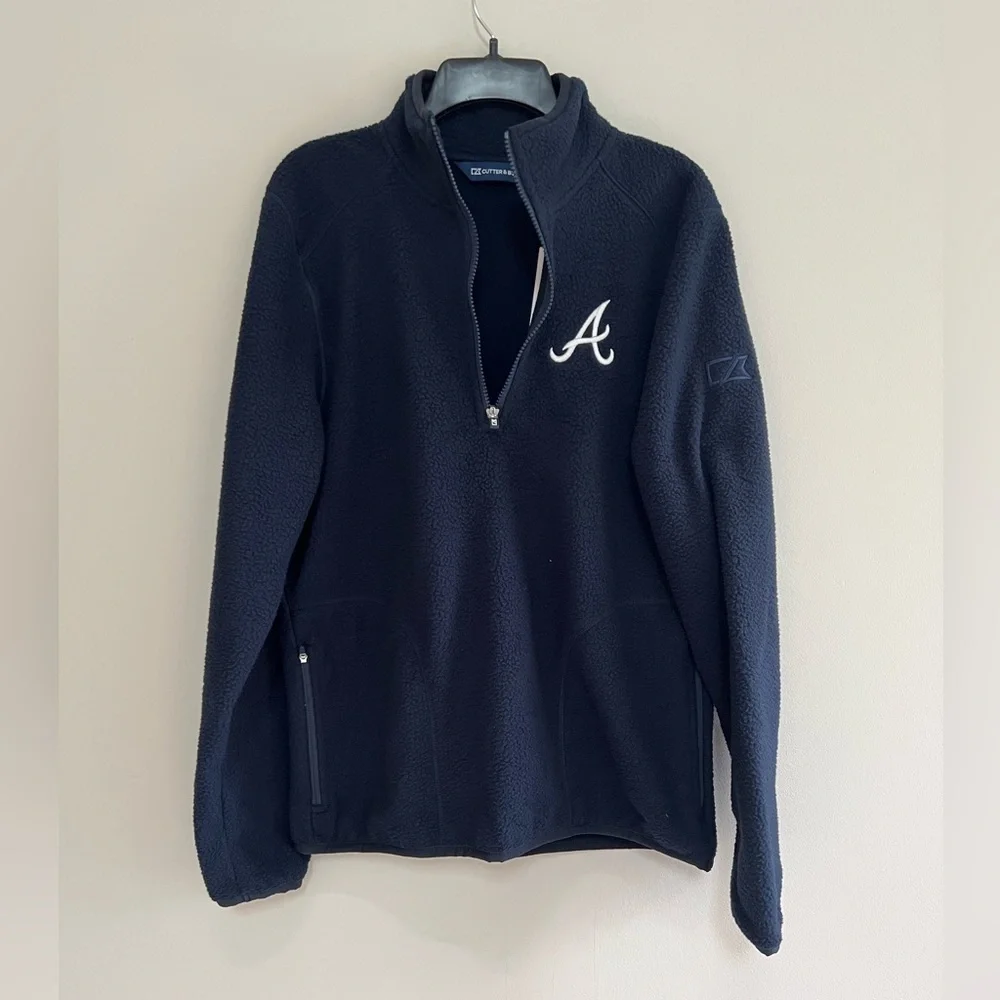 NWT Cutter & Buck Atlanta Braves Cascade Eco Fleece Mens 1/4 Zip Jacket, Blue, S